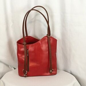 Leather Convertible Backpack Shoulder Bag Red